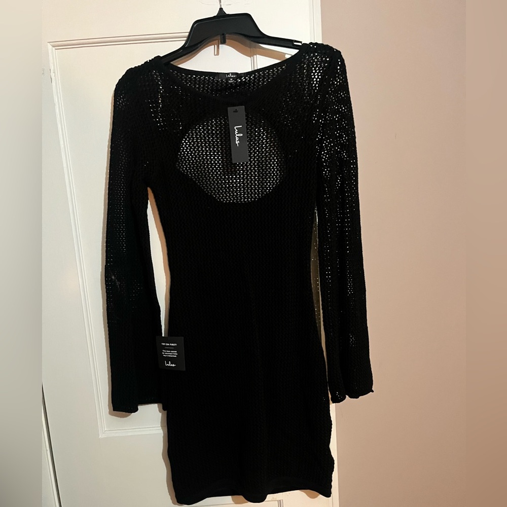 Lulus NWT little black dress. Keyhole back. Mini. Netted long sleeves.